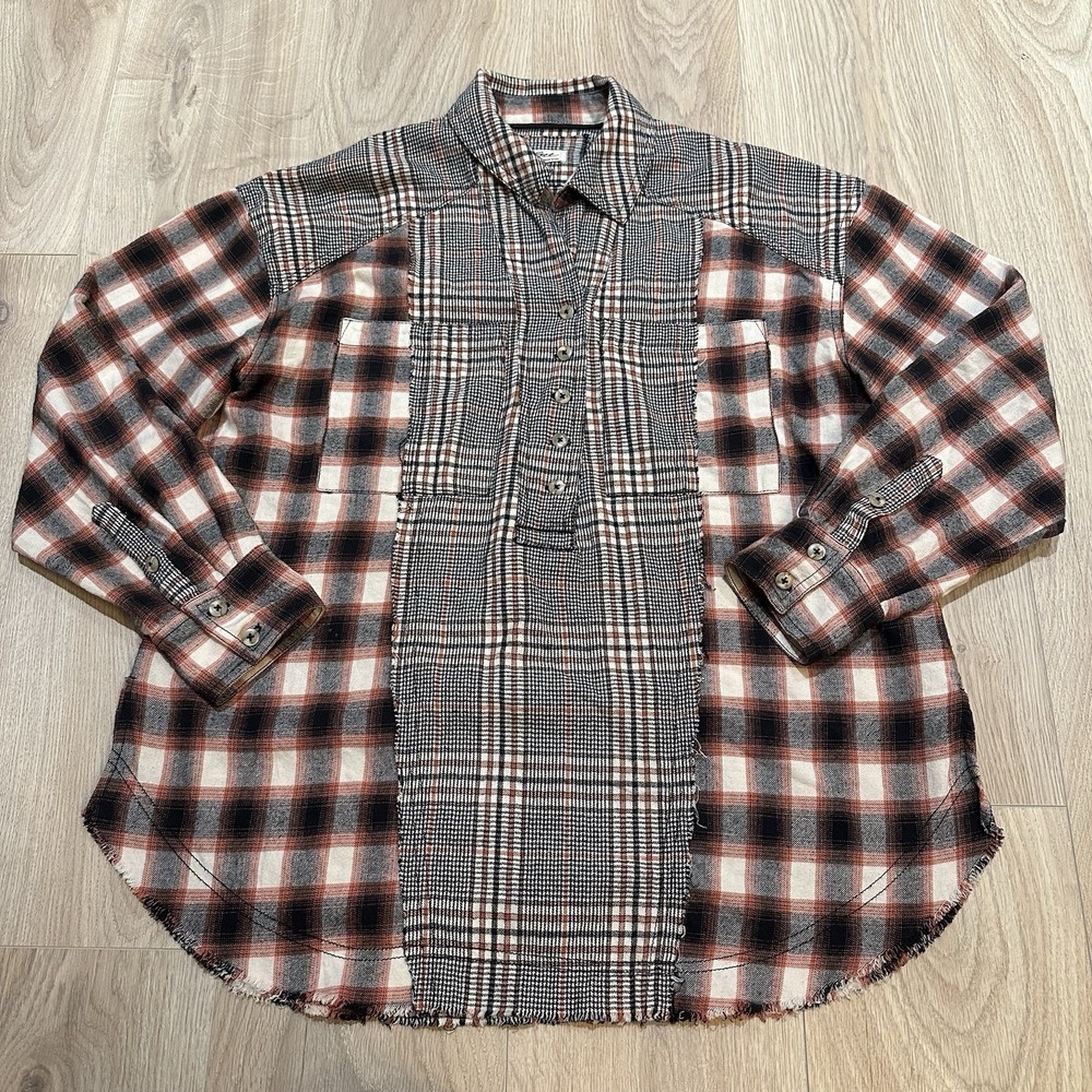 FREE PEOPLE Wildfire Mixed Plaid Flannel Long Sleeve Top Boho XS Oversized! EUC - Picture 3 of 11